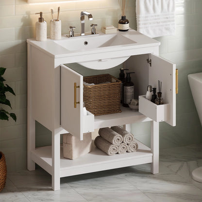 30" Freestanding Single Bathroom Vanity with Ceramic Top and Bottom Open Shelf, White