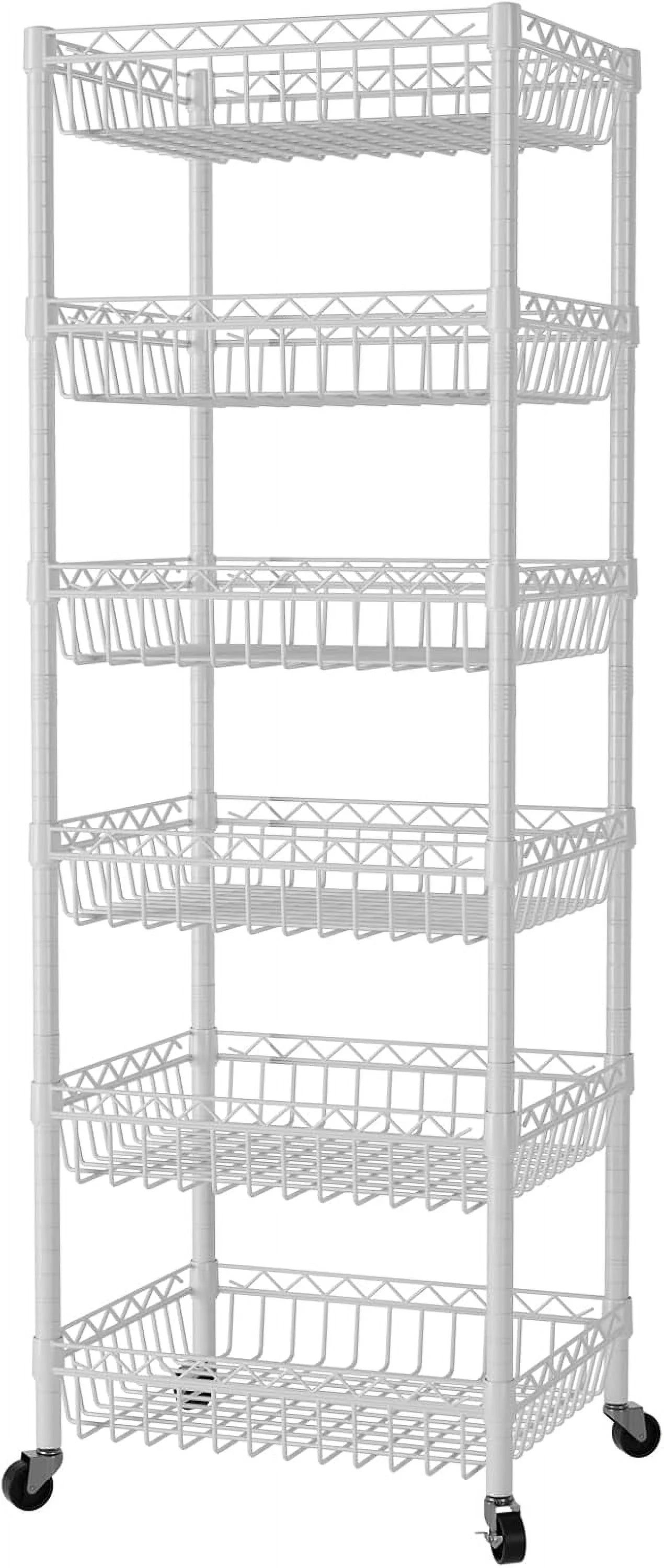 6 Tier Wire Shelving Unit with Wheels Baskets Storage Rack Corner Shelves Adjustable Shelf Closet Bathroom Organizers Metal Pantry Kitchen Garage Laundry Room 13.5" D x 13.5" W x 63" H White
