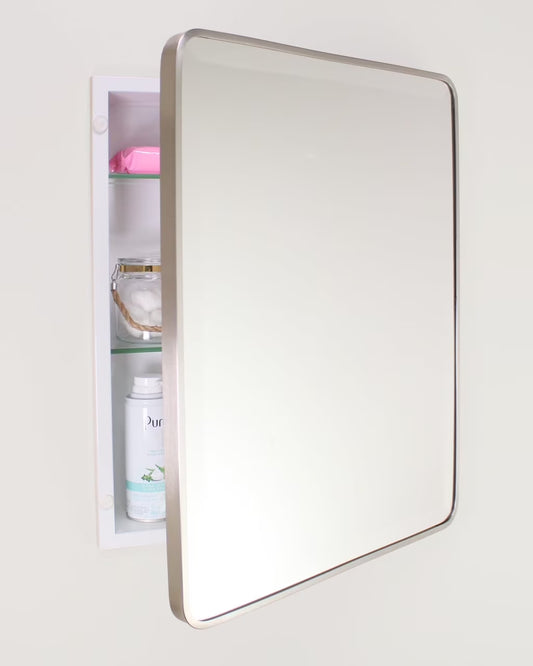 16x20 Austin Farmhouse Metal Framed Rounded Rectangle Recessed Bathroom Medicine Cabinet, Beveled Mirror, 14x18 in-Wall Opening, Powder-coated Steel, Adjustable Glass Shelves, Magnet Close, White