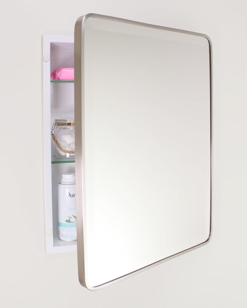 16x20 Austin Farmhouse Metal Framed Rounded Rectangle Recessed Bathroom Medicine Cabinet, Beveled Mirror, 14x18 in-Wall Opening, Powder-coated Steel, Adjustable Glass Shelves, Magnet Close, Black