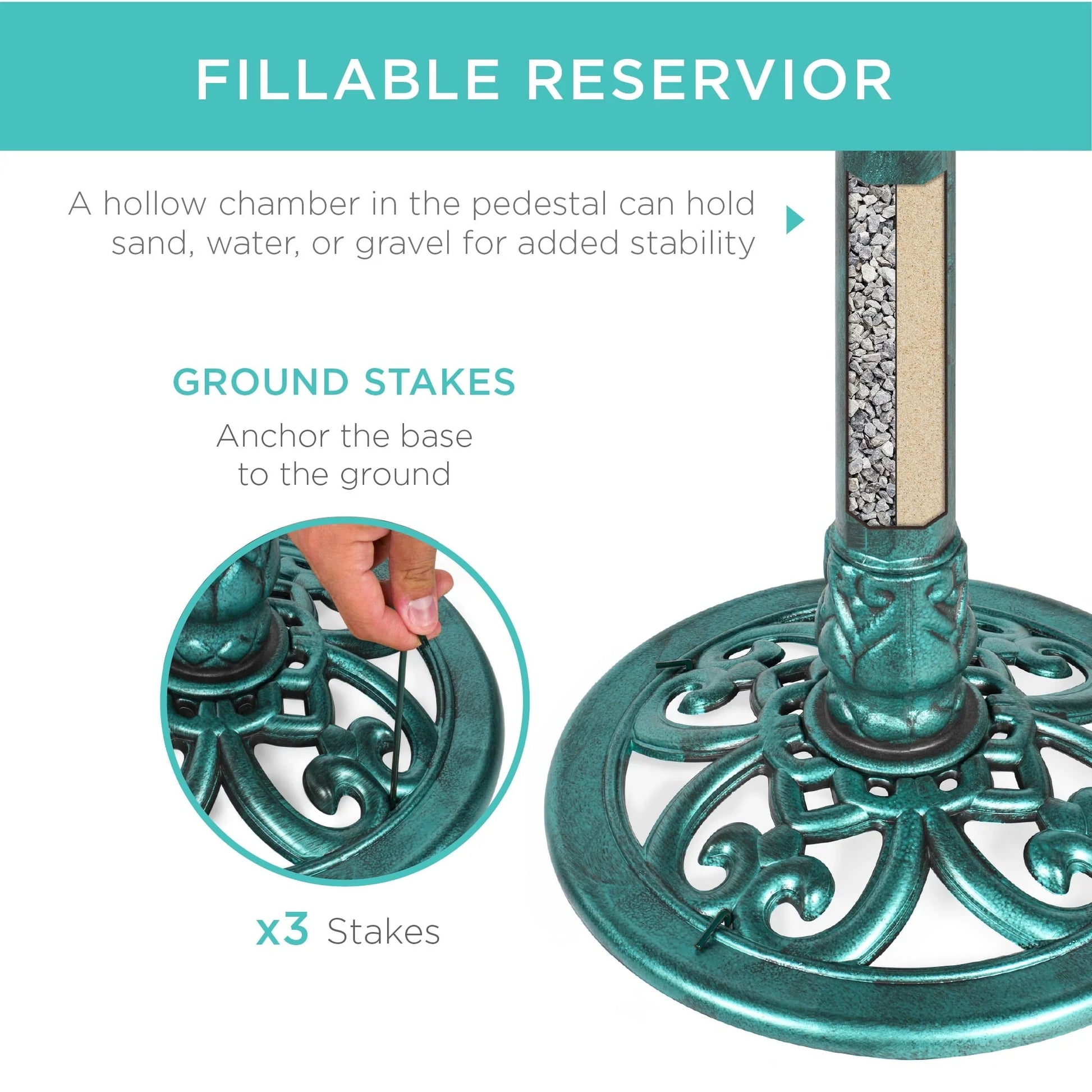 Best Choice Products Outdoor Rustic Pedestal Bird Bath Accent for Garden, Yard w/ Fleur-de-Lis Accents Green