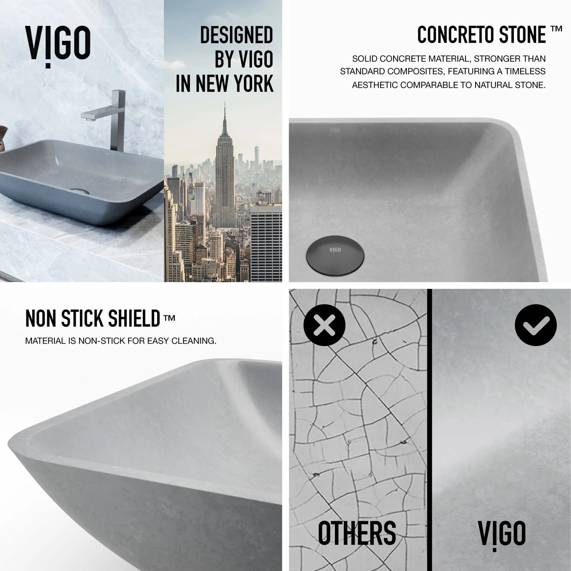 VIGO Duomo Gothic Gray Concreto Stone 18 in. L x 13 in. W x 4 in. H Rectangular Vessel Bathroom Sink
