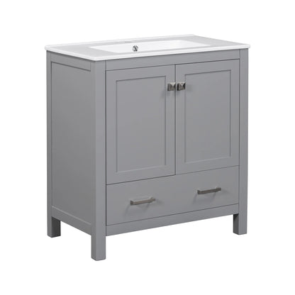 Zolaris Modern Bathroom Vanity with Ceramic Sink, Shelves, Drawers, Wood, Gray
