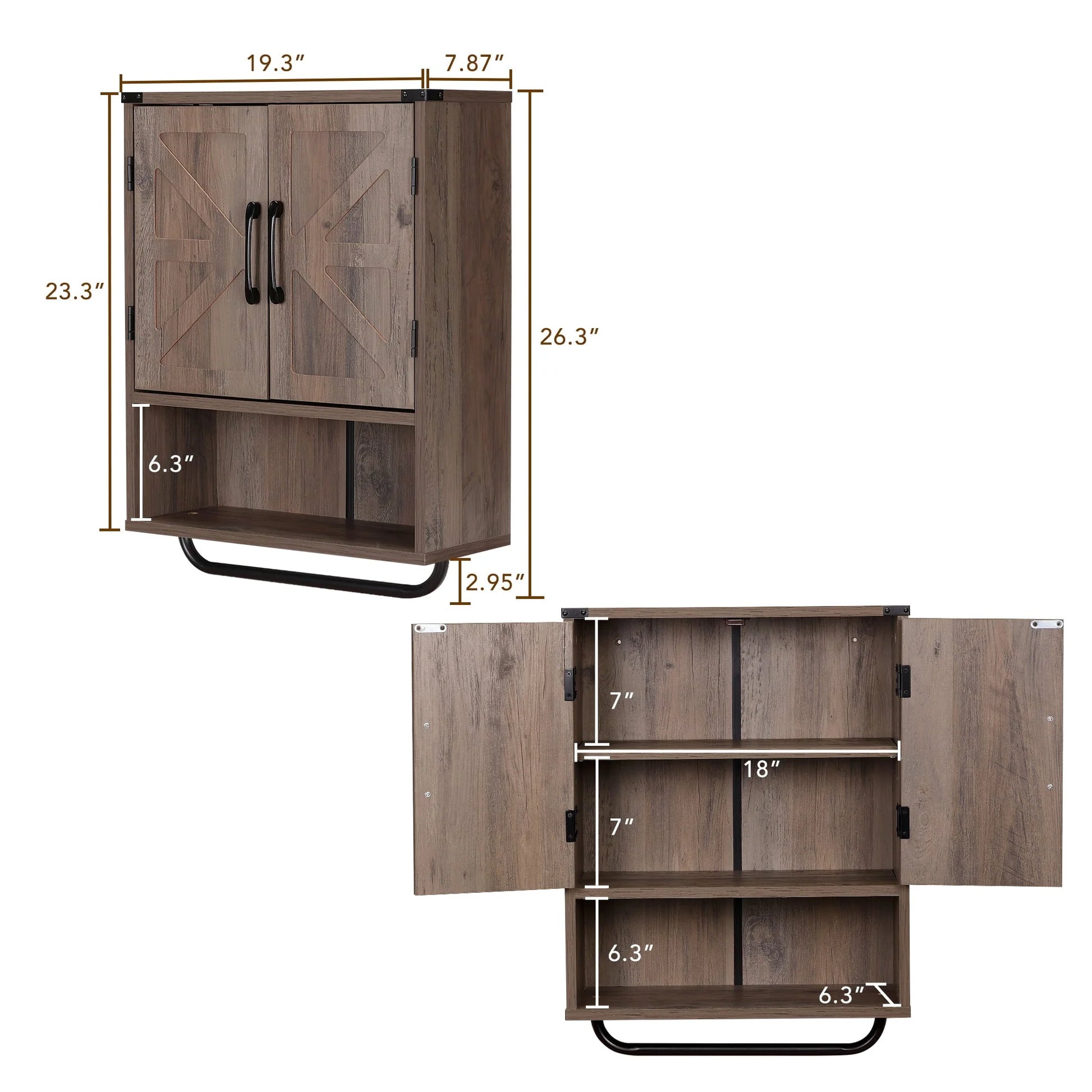 Rustown Farmhouse Wall Storage Cabinet with Two Barn Door, Rustic Mounted Medicine Cabinet with Adjustable Shelf and Towel Bar, 3-Tier Wood Cabinet for Kitchen, Bathroom, Living Room (Washed Oak)