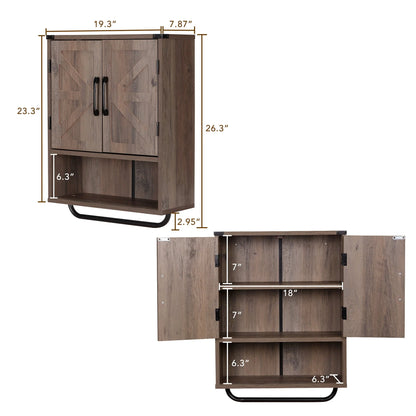 Rustown Farmhouse Wall Storage Cabinet with Two Barn Door, Rustic Mounted Medicine Cabinet with Adjustable Shelf and Towel Bar, 3-Tier Wood Cabinet for Kitchen, Bathroom, Living Room (Washed Oak)