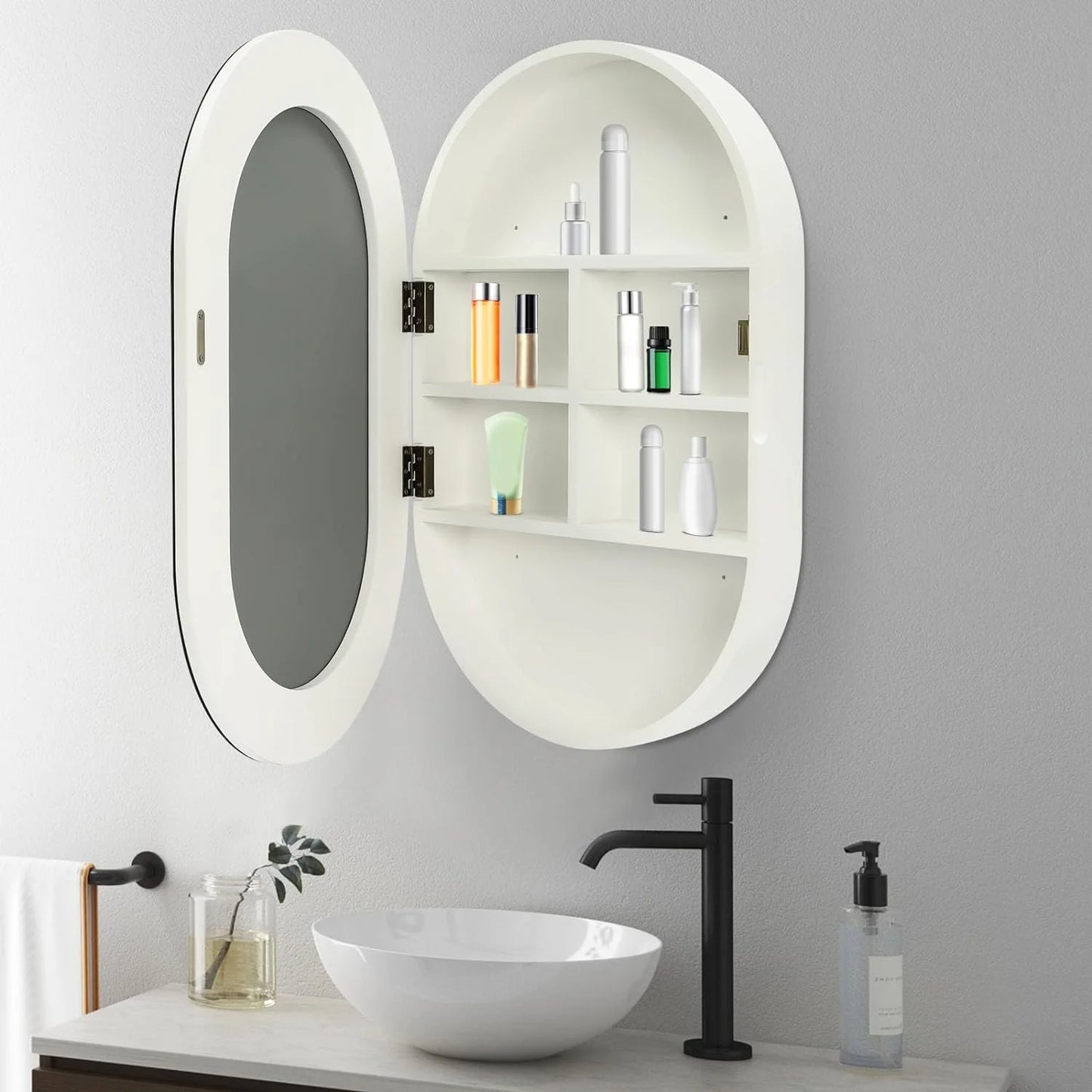 Fichiouy Bathroom Mirror Cabinet Oval Wall Mounted Cabinet Storage Cabinet with Mirror for Bathroom 19.76" x 30.82"