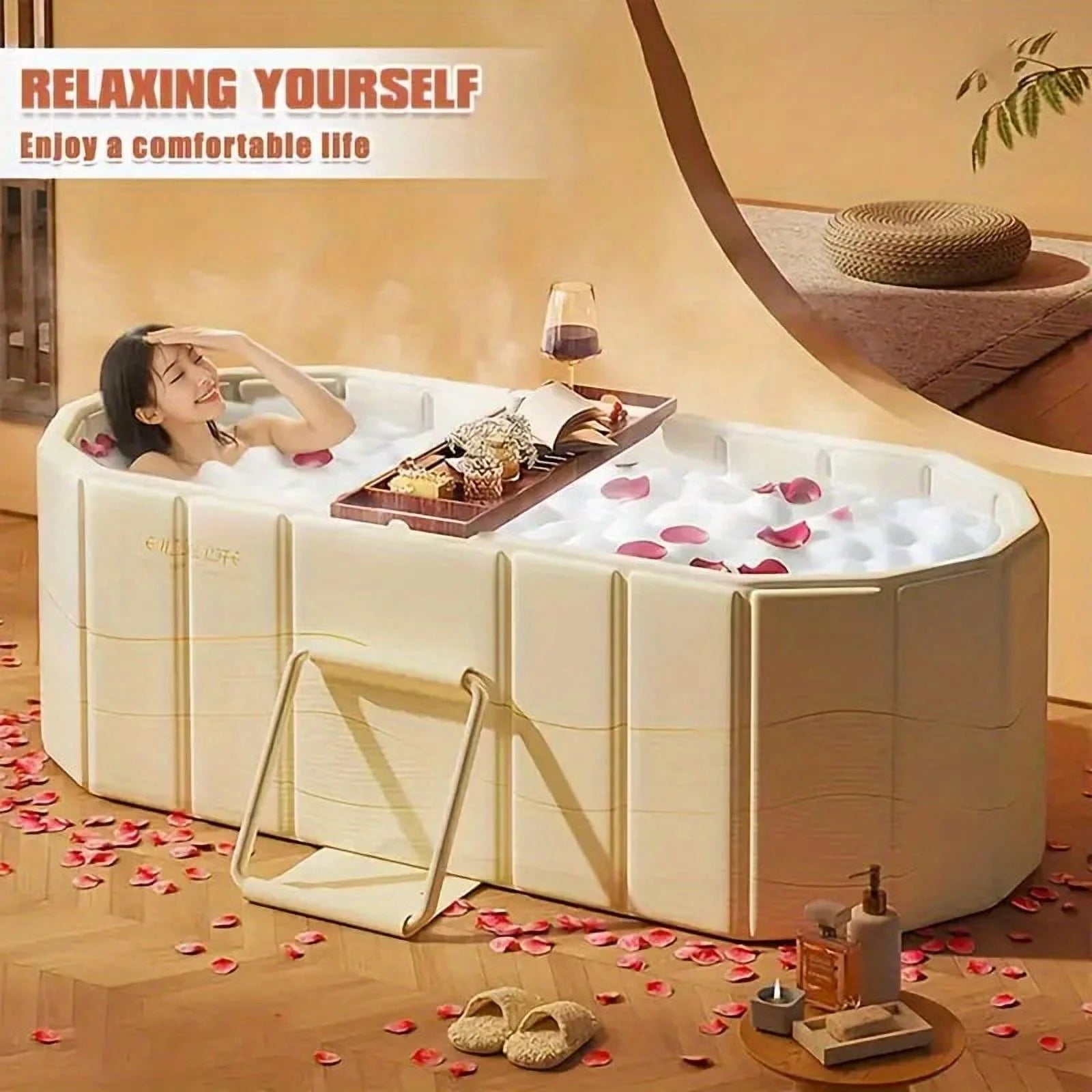 Foldable Portable Hot Tub - Large Collapsible Spa with Non-Slip Mat, 5 Bath Bags & Drain Pipe - Perfect for Adults & Families
