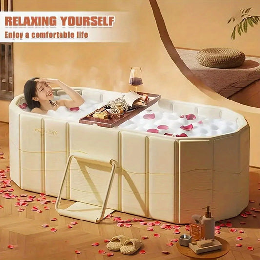 Foldable Portable Hot Tub - Large Collapsible Spa with Non-Slip Mat, 5 Bath Bags & Drain Pipe - Perfect for Adults & Families