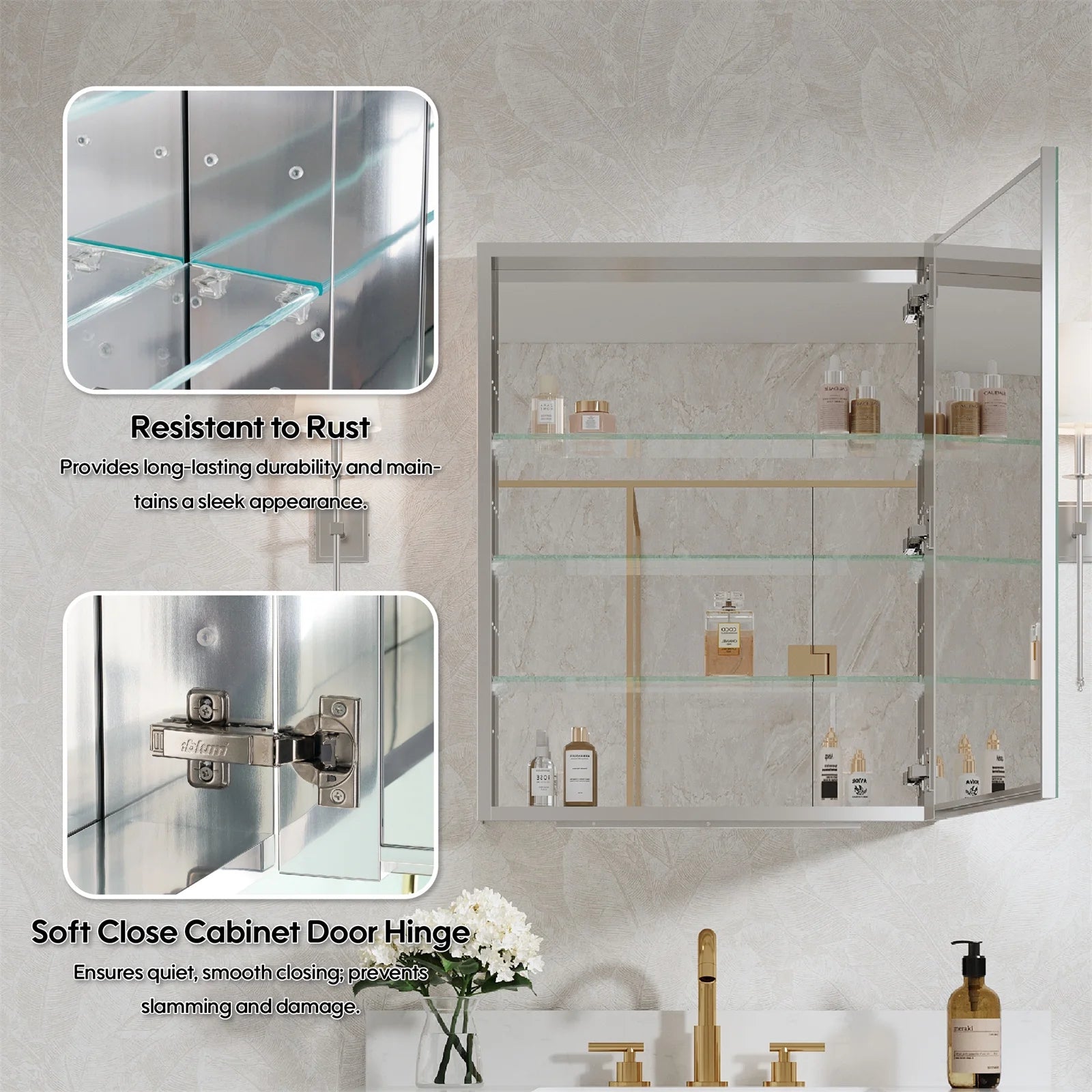 24" x 30" Bi-View Medicine Cabinet with Mirror, Surface Mount or Recessed Mirror Medicine Cabinet for Bathroom, Anodized Chrome Aluminum Frame, Bathroom Mirror Cabinet with Storage Right Open