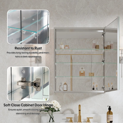 24" x 30" Bi-View Medicine Cabinet with Mirror, Surface Mount or Recessed Mirror Medicine Cabinet for Bathroom, Anodized Chrome Aluminum Frame, Bathroom Mirror Cabinet with Storage Right Open