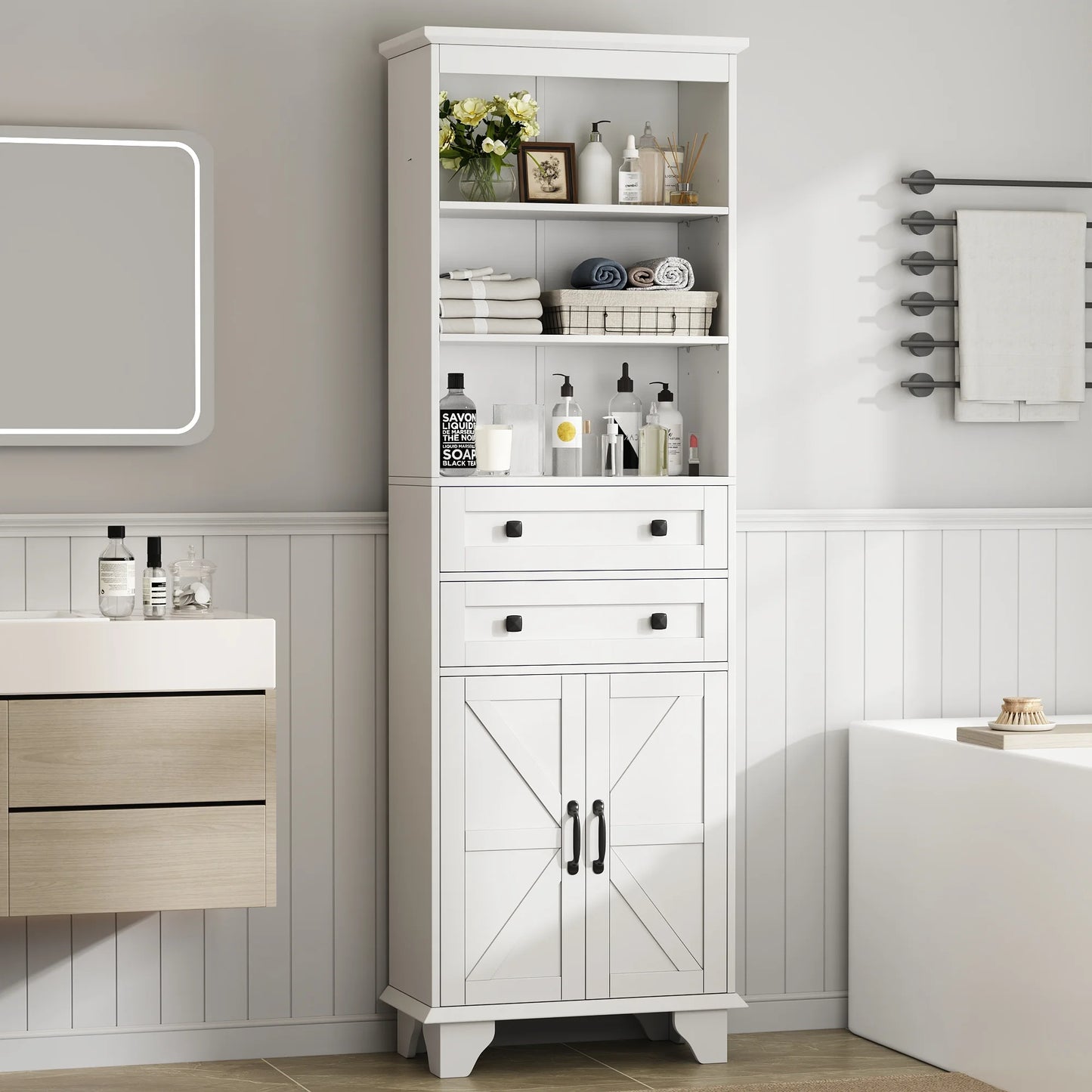 IDEALSOUL Tall Storage Cabinet, 72" Farmhouse Bathroom Storage with 2 Drawers, Adjustable Shelves & Barn Door, Cabinet for Bathroom, Living Room, Kitchen, off-White