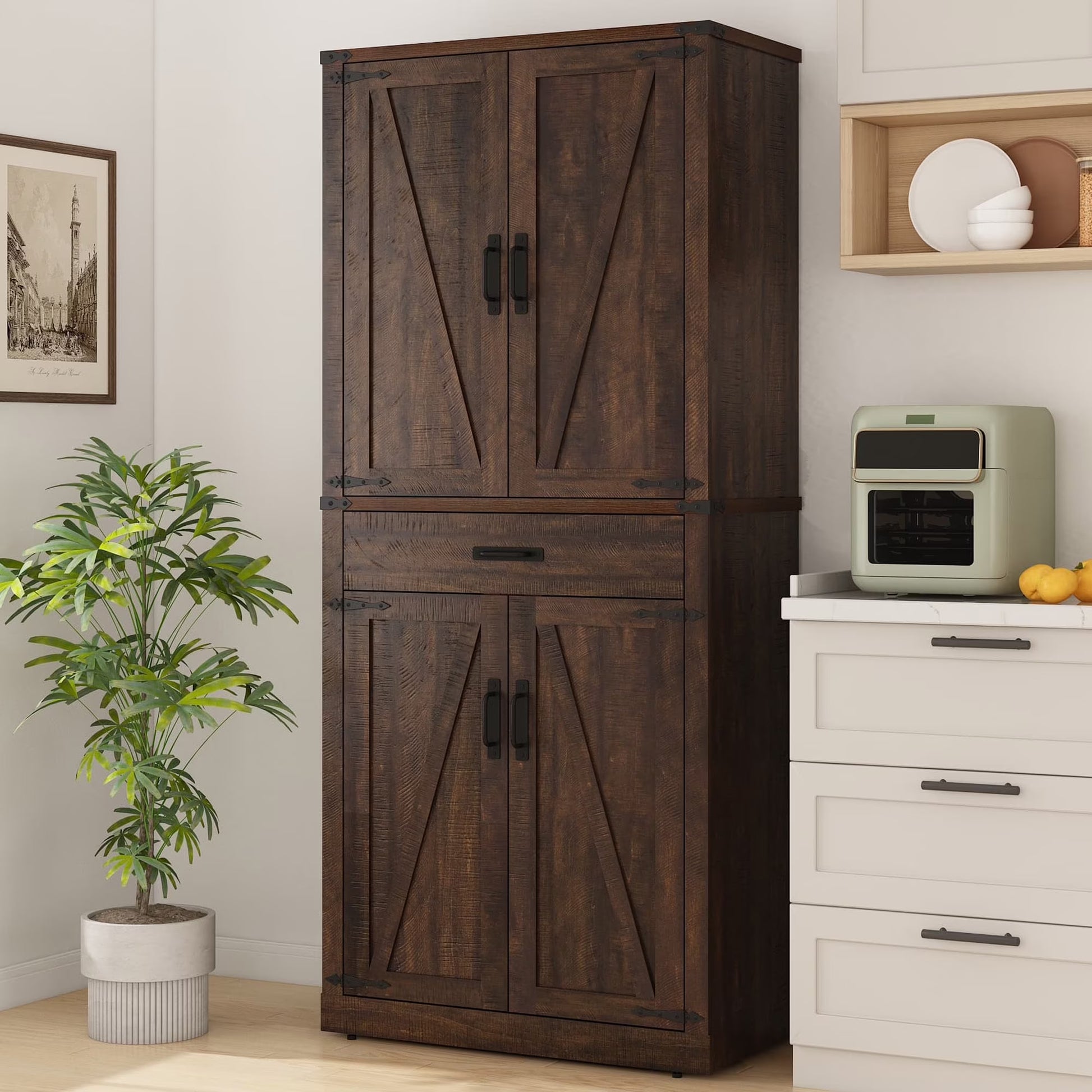 72" Tall Kitchen Pantry, Farmhouse Pantry Cabinet with 1 Drawer & 4 Layer Adjustable Shelves, Rustic Wood Storage Cupboard with Metal Load-Bearing Pipe for Kitchen Bathroom Living Room Hallway