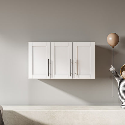 Wall Mounted Storage Cabinet, Kitchen Bathroom Wall Cabinet with Adjustable Shelves, Upper Stackable Storage Cabinet with 3 Doors, 15.75 "D x 35.43" W x 19.69 "H, White