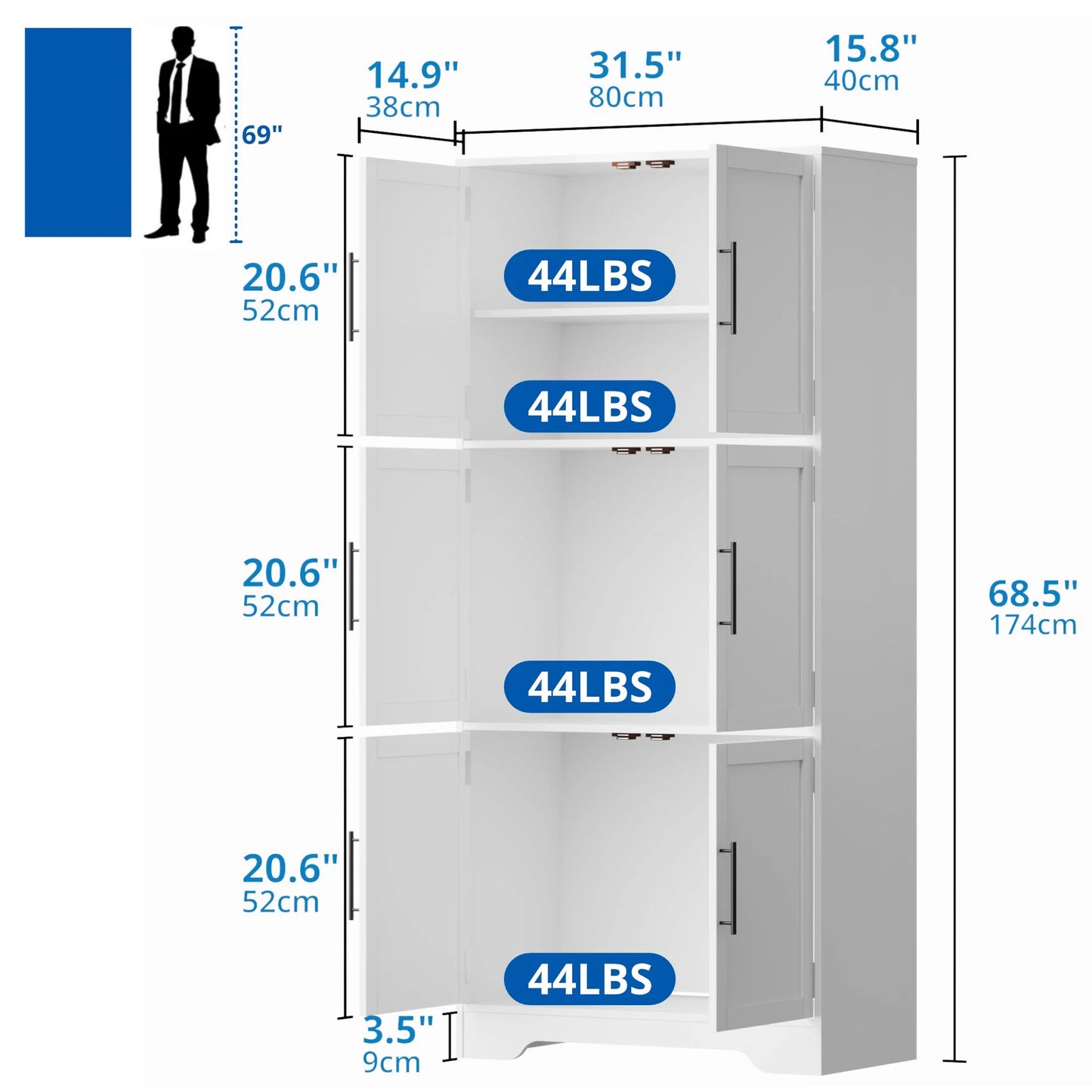 Cozy Castle 68.5" Kitchen Pantry Storage Cabinet with 6 Doors and 3 Shelves Tall Food Pantry Cabinet 4-Tier White Cabinet for Kitchen Living Room Dining Room Bathroom