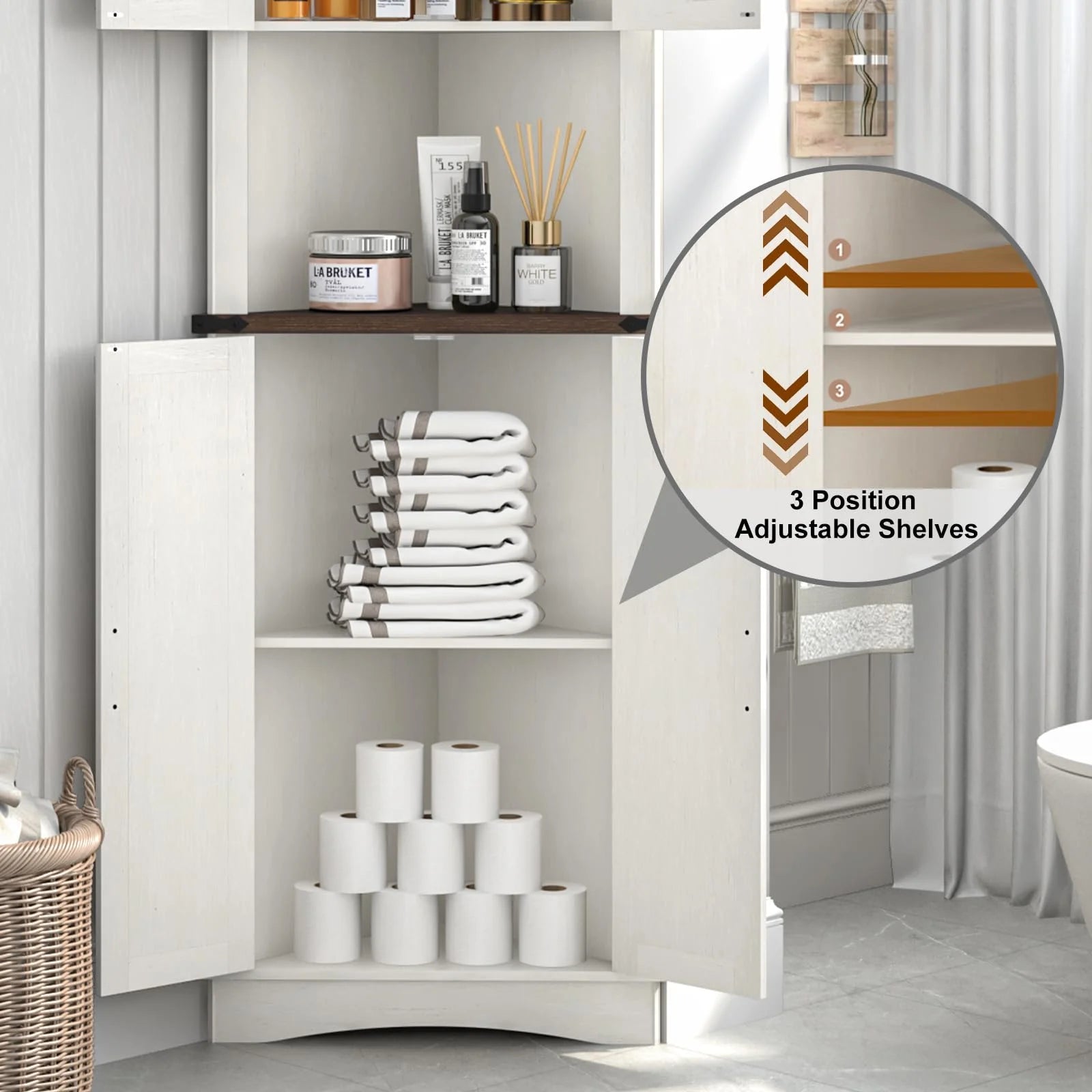 ChVans Farmhouse 68" Tall Corner Cabinet w/4 Barn Doors, 5 Tier Bookcase Storage Cabinet with Adjustable Shelves, Corner Storage Cabinet for Bathroom,Living Room,Kitchen, White-Brown