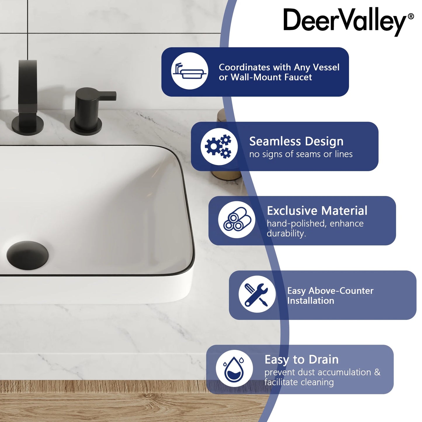 DV-1V0235 DeerValley Ally 19'' x 12'' Drop-In Bathroom Sink Semi-Recessed Vessel Sink Rectangular Above Counter Basin