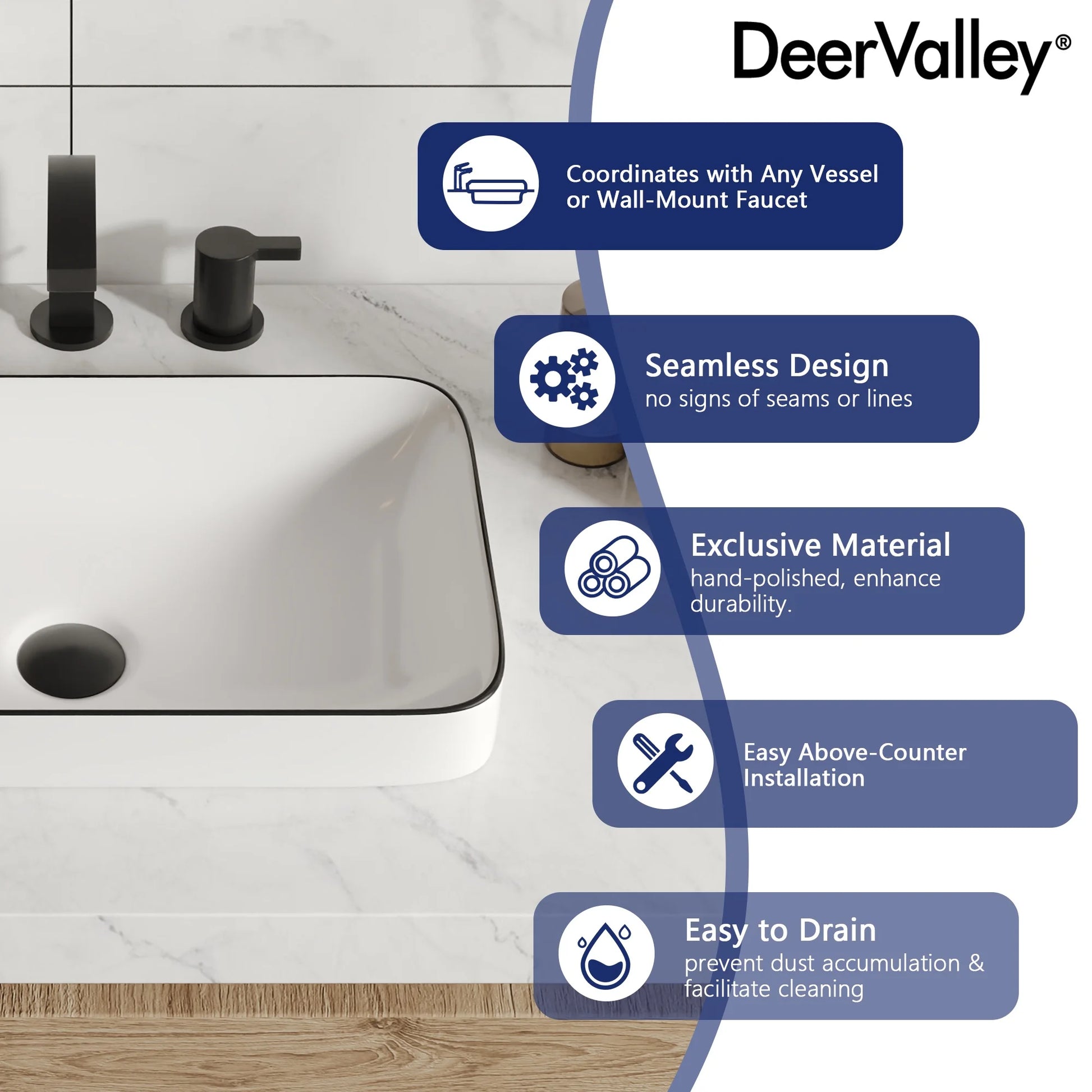 DV-1V0235 DeerValley Ally 19'' x 12'' Drop-In Bathroom Sink Semi-Recessed Vessel Sink Rectangular Above Counter Basin