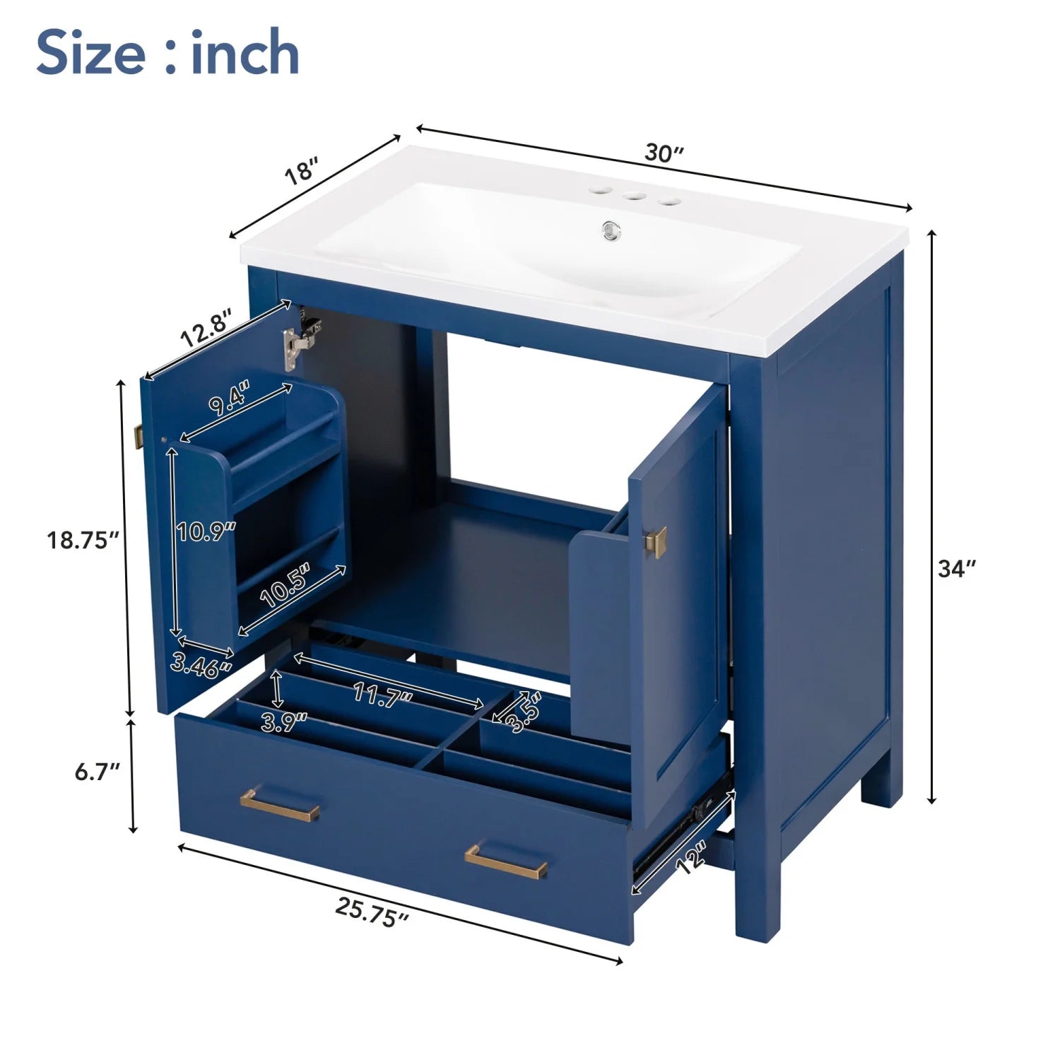 Harper & Bright Designs 30" White Bathroom Vanity with Single Sink, Bathroom Combo Cabinet Undermount Sink with 2 Doors and a Drawer, Soft Closing, Multifunctional Storage, Solid Wood Frame