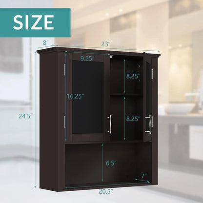 Bathroom Cabinet Wall Mounted with Double Doors, Wood Hanging Cabinet, Medicine Cabinet Storage Organizer with Height Adjustable Shelves Over The Toilet, Coffee