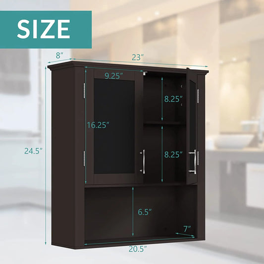 Bathroom Cabinet Wall Mounted with Double Doors, Wood Hanging Cabinet, Medicine Cabinet Storage Organizer with Height Adjustable Shelves Over The Toilet, Coffee