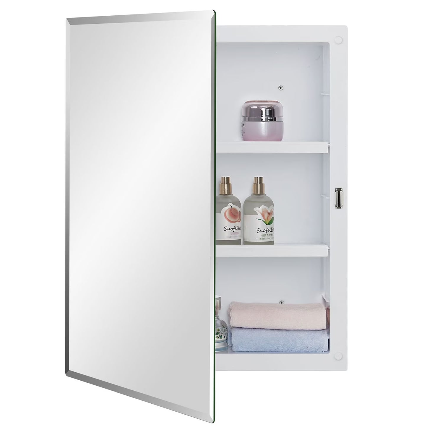 Black Plastic Bathroom Medicine Mirror Cabinet Beveled Edge, 16 x 20 inch, Surface and Recessed Mount