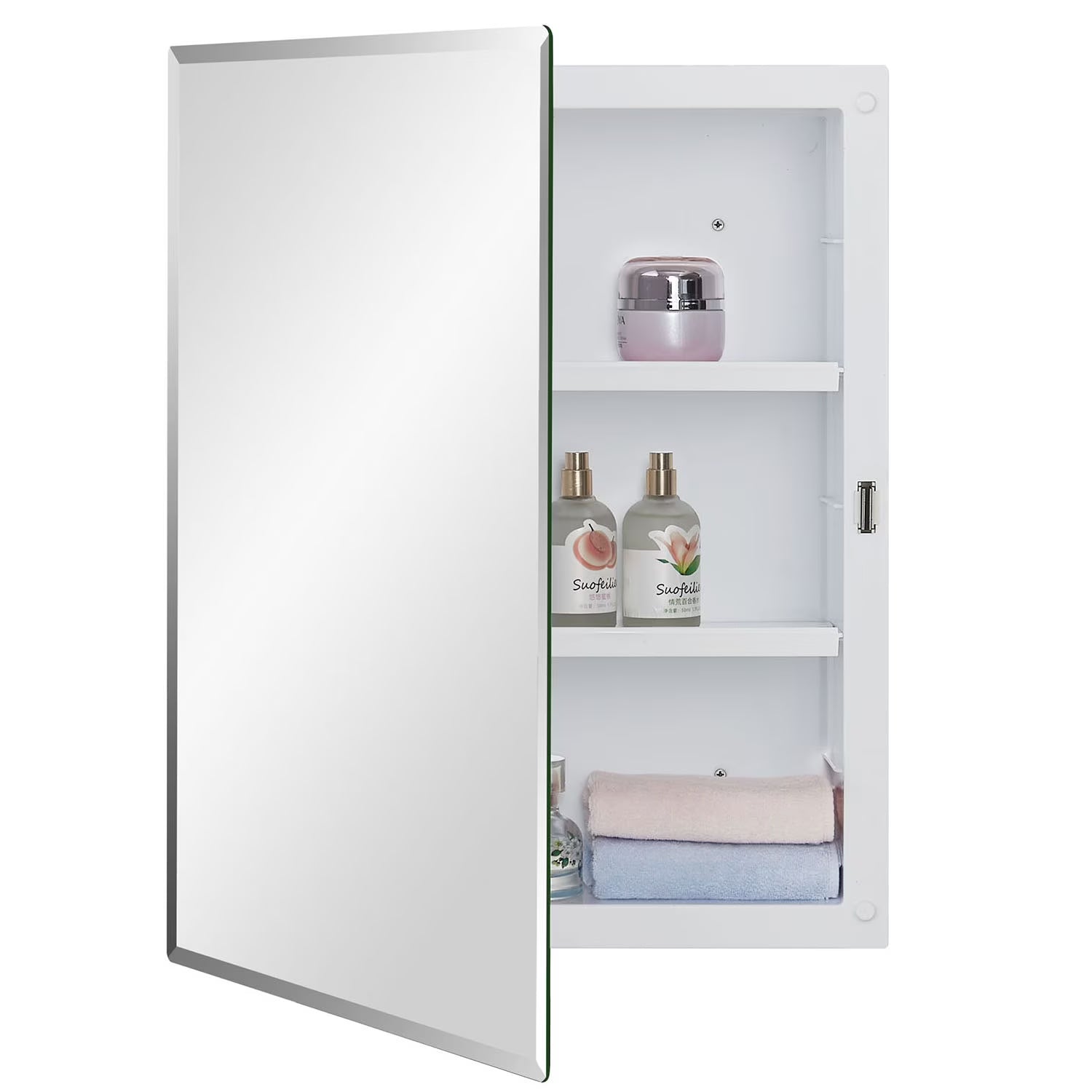 Black Plastic Bathroom Medicine Mirror Cabinet Beveled Edge, 16 x 20 inch, Surface and Recessed Mount