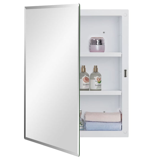 Black Plastic Bathroom Medicine Mirror Cabinet Beveled Edge, 16 x 20 inch, Surface and Recessed Mount