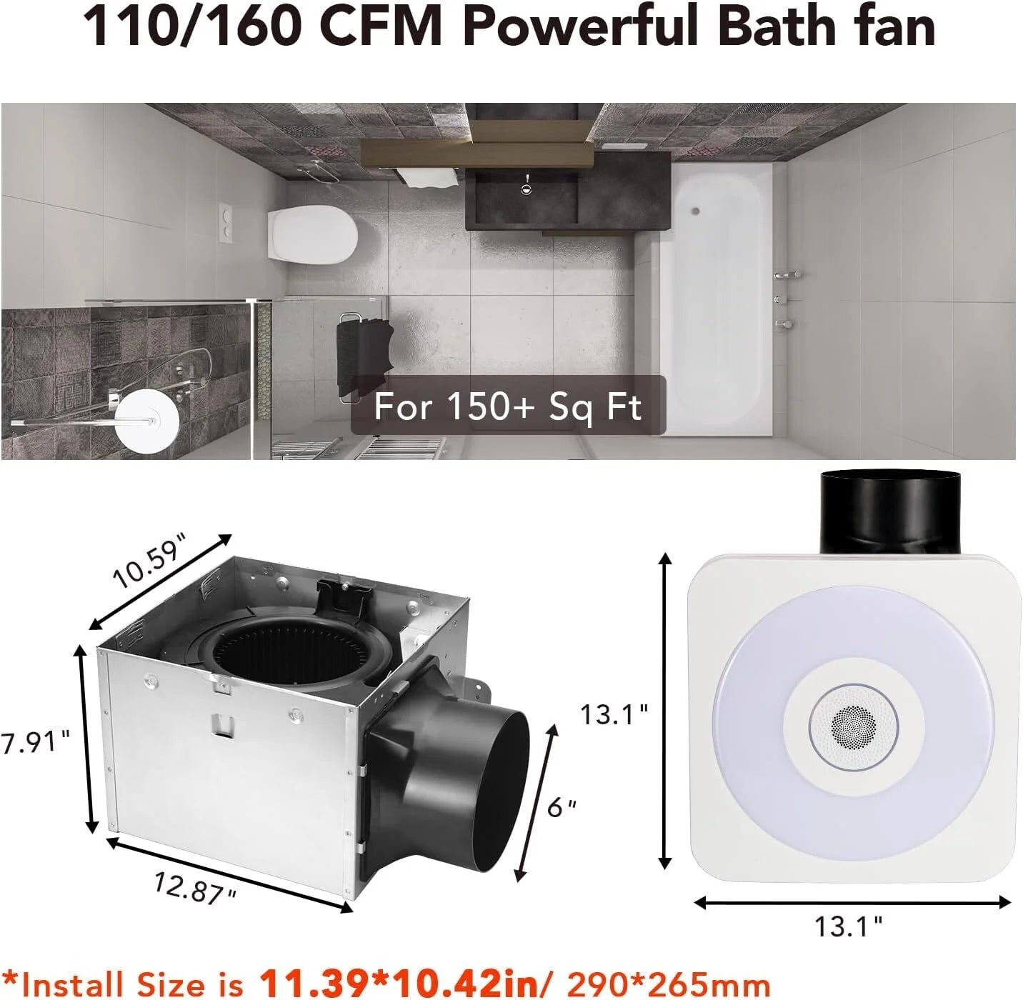 OREiN Bathroom Fan with Bluetooth Speaker, 110/160 CFM 1.0 Sones Bathroom Exhaust Fan with Light, 40W Shower Vent Fan with Light & Remote, 1500lm LED Light 2700K/4000K/6500K & Nightlight, Music Sync