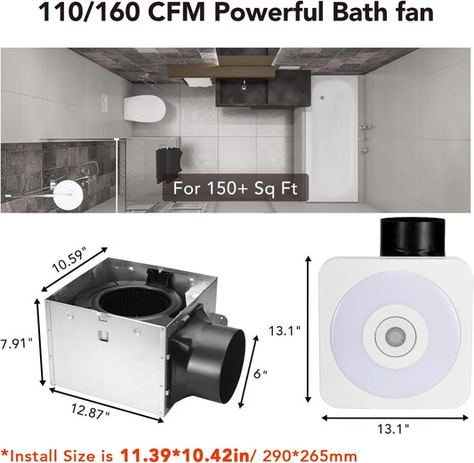 OREiN Bathroom Fan with Bluetooth Speaker, 110/160 CFM 1.0 Sones Bathroom Exhaust Fan with Light, 40W Shower Vent Fan with Light & Remote, 1500lm LED Light 2700K/4000K/6500K & Nightlight, Music Sync