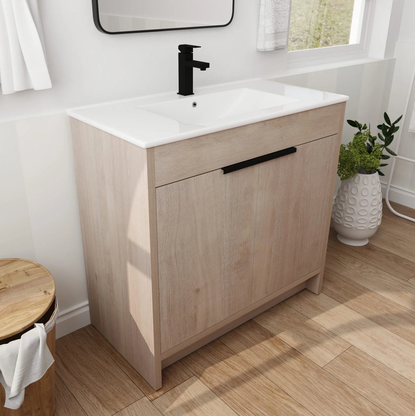 36 Inch Bathroom Vanity with White Ceramic Sink Combo, Large Storage Modern Freestanding Small Single Bath Vanity for Bathroom, Plain Light Oak