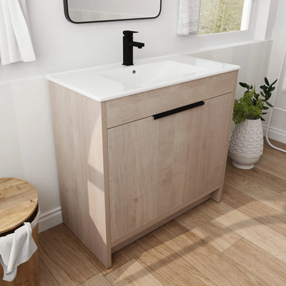 36 Inch Bathroom Vanity with White Ceramic Sink Combo, Large Storage Modern Freestanding Small Single Bath Vanity for Bathroom, Plain Light Oak