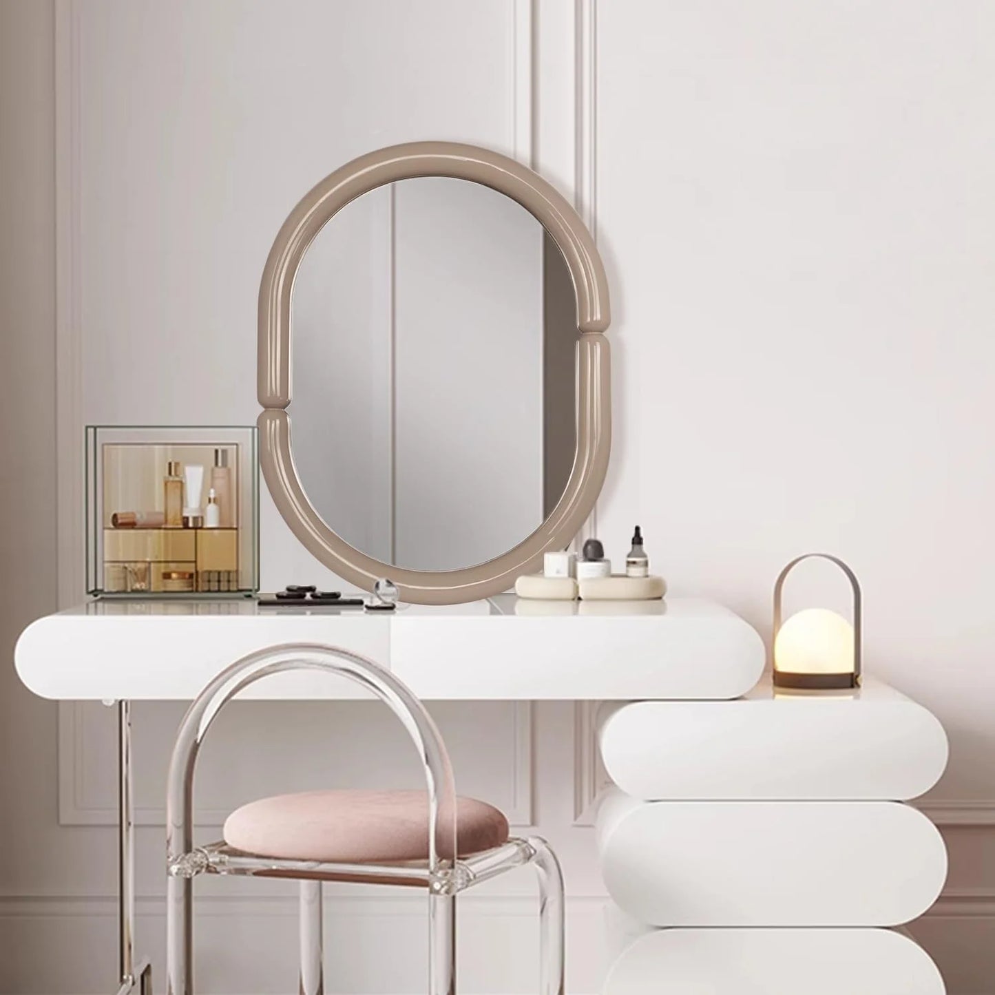 H-A Oval Solid Wood Vanity Mirror Bagel Shaped Wall Mounted Mirror High-end for Bedroom Bathroom Wall Decor