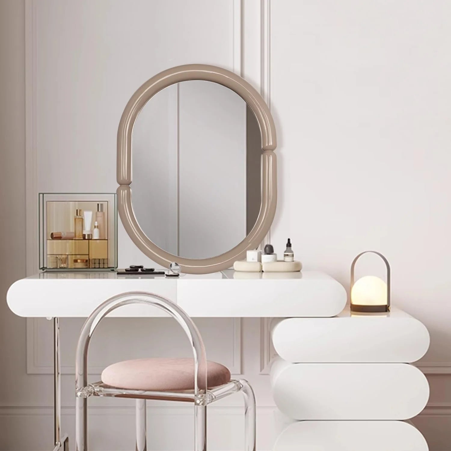 H-A Oval Solid Wood Vanity Mirror Bagel Shaped Wall Mounted Mirror High-end for Bedroom Bathroom Wall Decor
