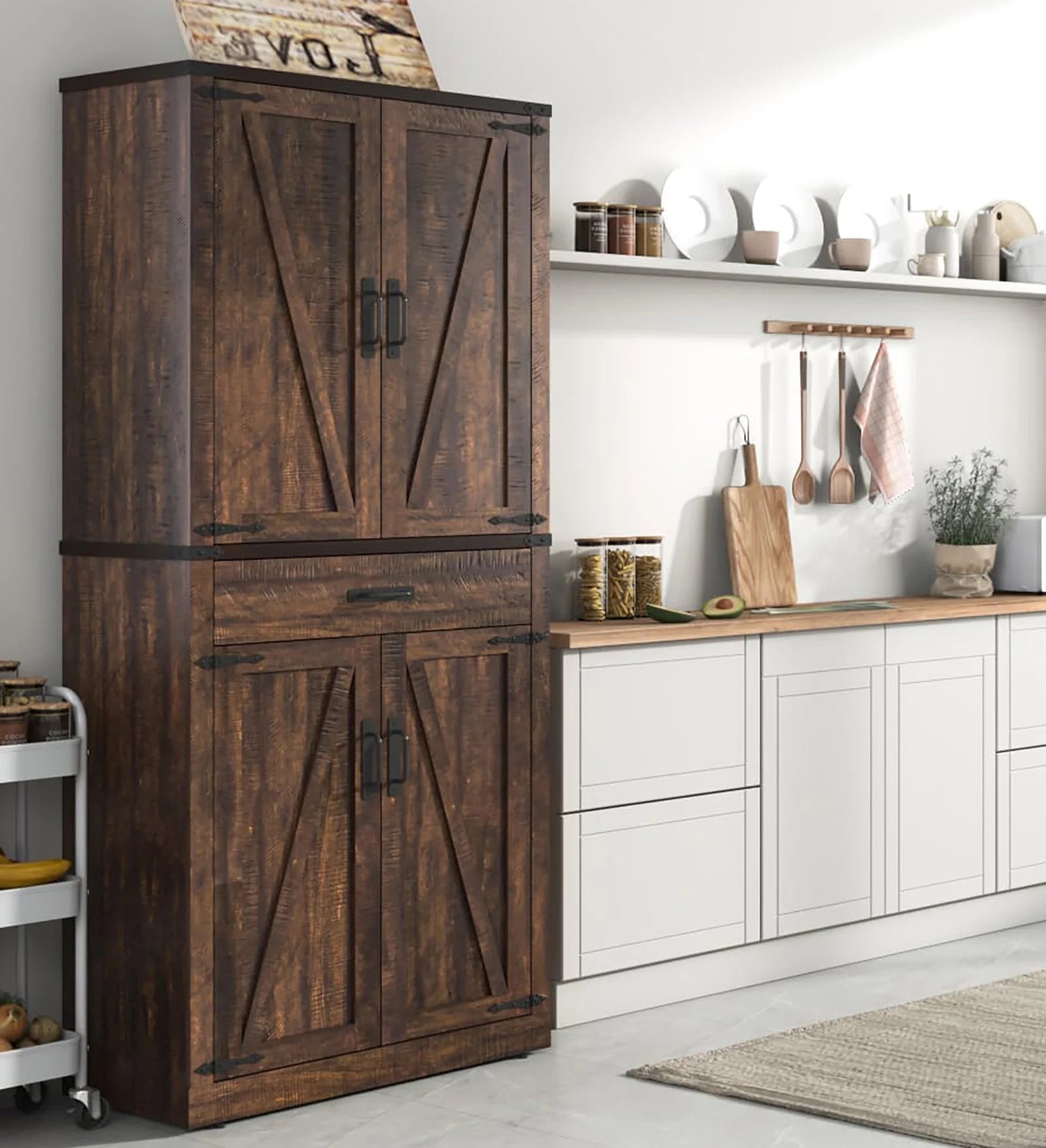 72.4'' Tall Bathroom Storage Cabinet with Drawer & 4 Storage Shelves, Rustic Farmhouse Linen Cabinet with Load-Bearing Steel Pipe & 4 Doors for Bedroom Living Room Kitchen Art/Craft Room