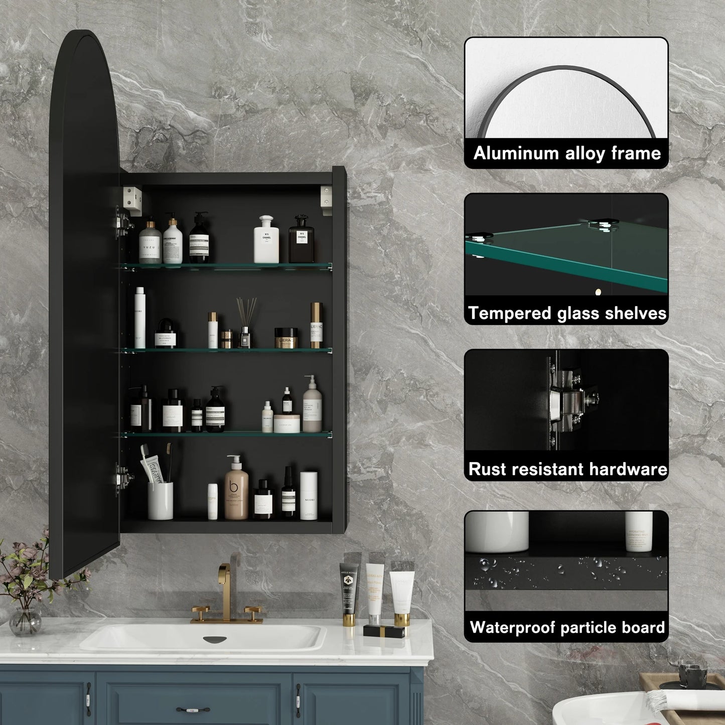 FKWin Arched Bathroom Medicine Cabinet with Mirror - Aluminum Framed Bathroom Mirror with Storage, Black Mirrored Medicine Cabinet, Wall Surface Mounted, 31.4"H x 15.7"W x 3.9"D