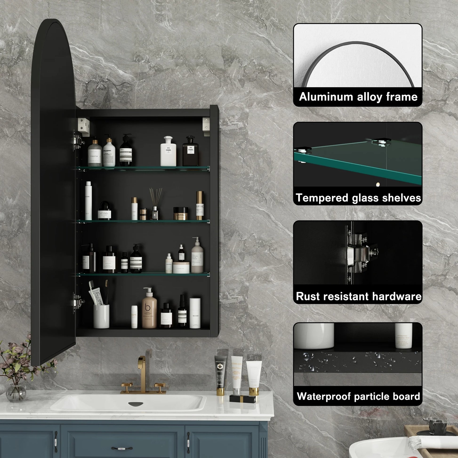 FKWin Arched Bathroom Medicine Cabinet with Mirror - Aluminum Framed Bathroom Mirror with Storage, Black Mirrored Medicine Cabinet, Wall Surface Mounted, 31.4"H x 15.7"W x 3.9"D