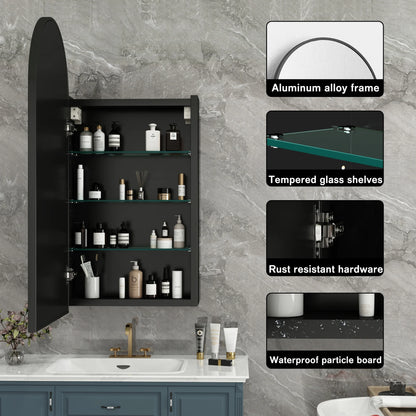 FKWin Arched Bathroom Medicine Cabinet with Mirror - Aluminum Framed Bathroom Mirror with Storage, Black Mirrored Medicine Cabinet, Wall Surface Mounted, 31.4"H x 15.7"W x 3.9"D