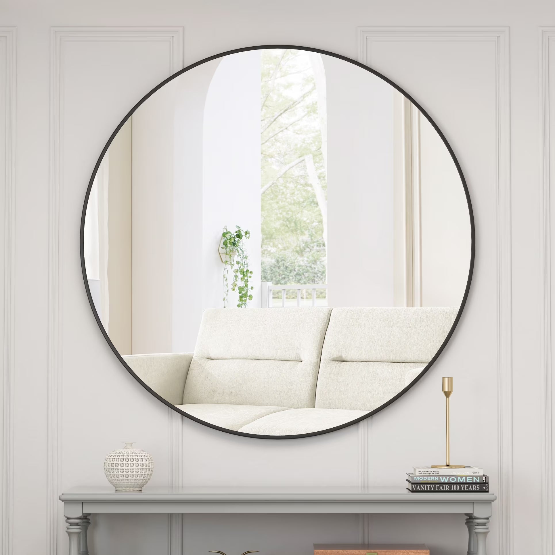 48" Round Mirror, Wall Circle Mirrors with Metal Framed, Circular Vanity Mirror Dressing Mirror for Bathroom, Living Room, Bedroom Wall Decor, Black