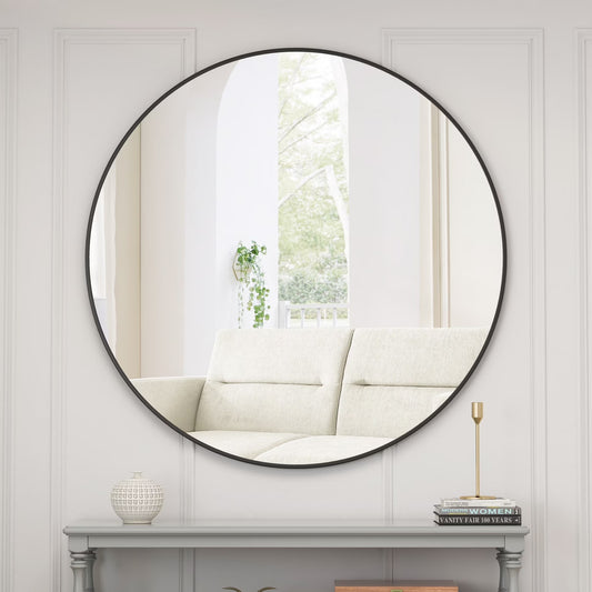 48" Round Mirror, Wall Circle Mirrors with Metal Framed, Circular Vanity Mirror Dressing Mirror for Bathroom, Living Room, Bedroom Wall Decor, Black