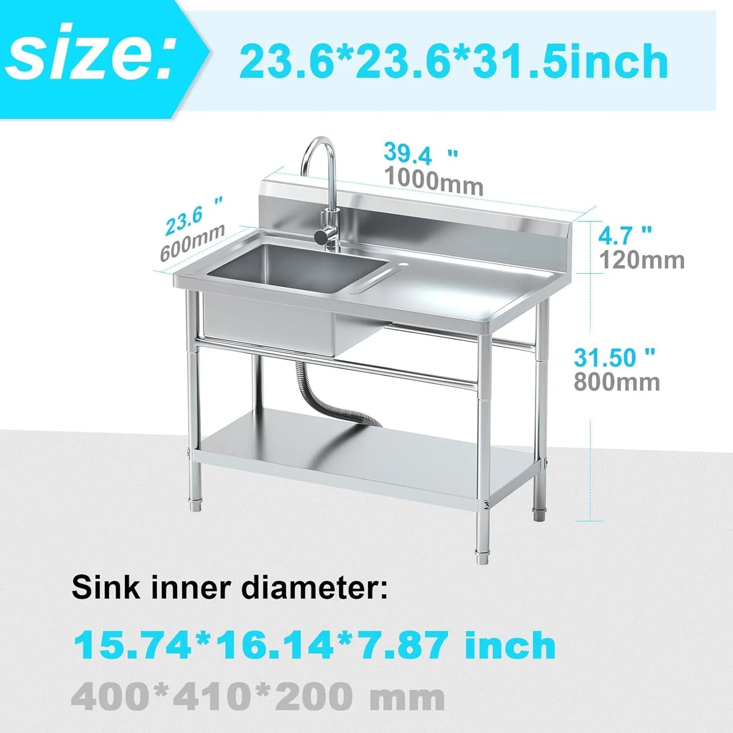Stainless Steel Utility Sink with Cold and Hot Water Pipes, Free Standing Single Bowl Commercial Kitchen Sink with Workbench,Storage Shelf& Faucet ,For Kitchen,Bathroom,Farmhouse,Indoor,Outdoor