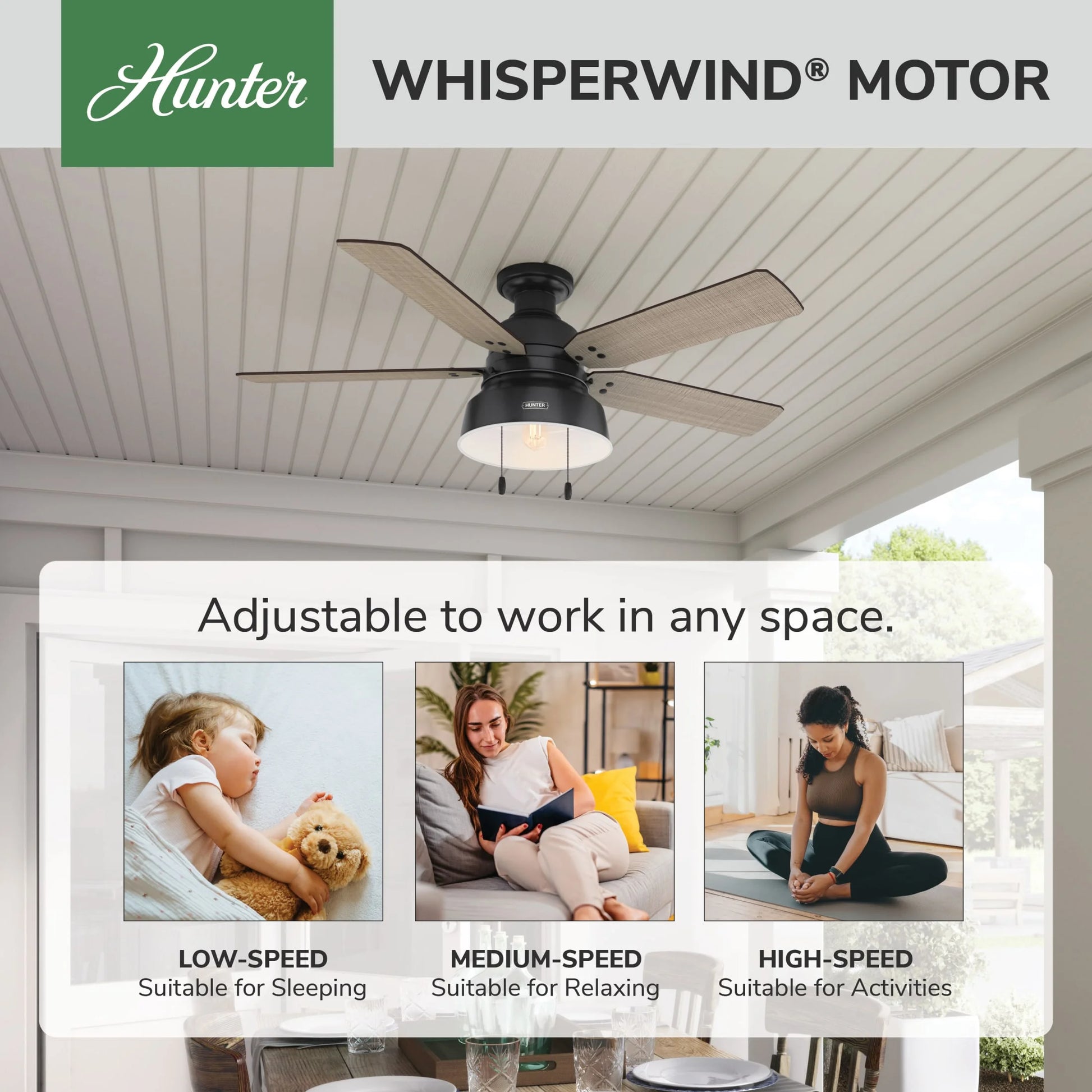 Hunter - Mill Valley Indoor/Outdoor Low Profile Ceiling Fan With Light, 52-inch, Matte Black, Rustic-style, 3-speed WhisperWind Motor, 59310, for porches, patios, sunrooms, bathrooms