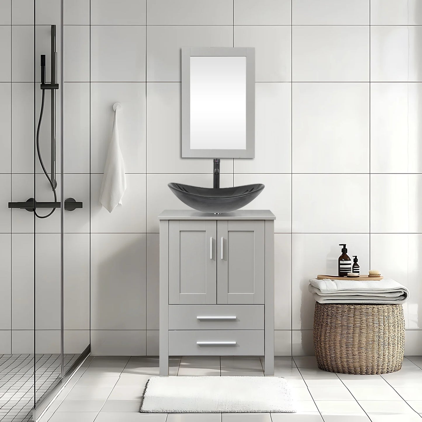 PULUOMIS 24'' Single Bathroom Vanity with Manufactured Wood Top with Mirror, Gray