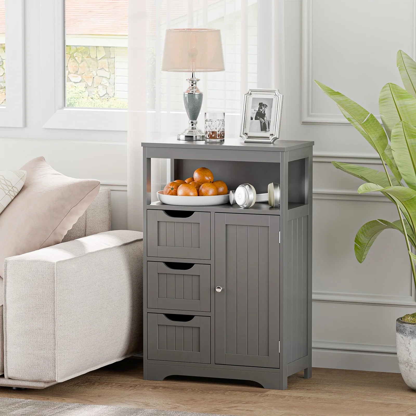 CZMDZH Wooden Bathroom Storage Cabinet with 3 Drawers and 1 Door, Free-Standing Toewels Cupboard for Entryway Living Room Home Furniture