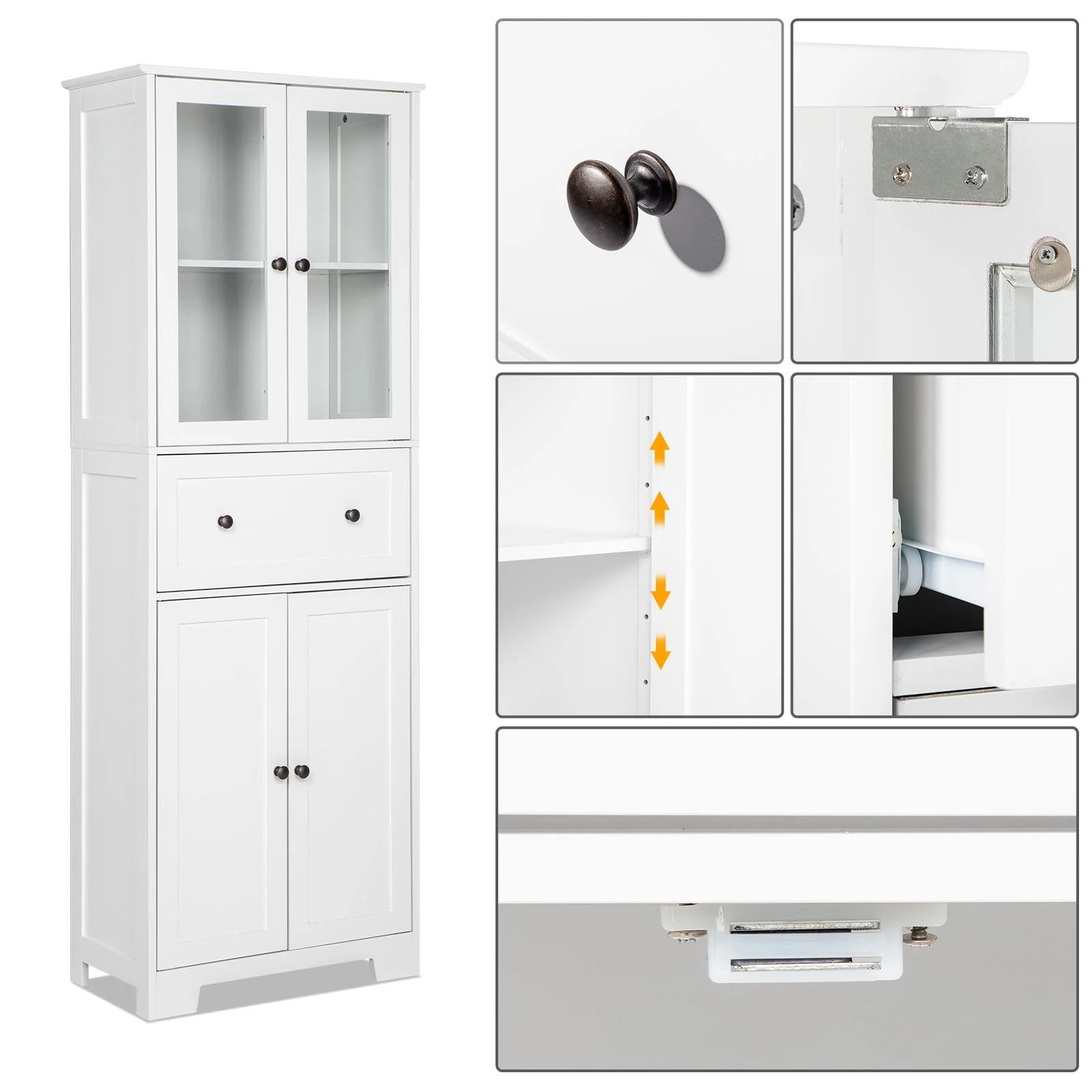 UBesGoo 64"H Pantry Cabinet, Tall Bathroom Closet Storage Organizer, with 2 Glass Doors Cabinets & Large Drawer, for Kitchen Living Room Bedroom Laundry Room Entryway Office, White