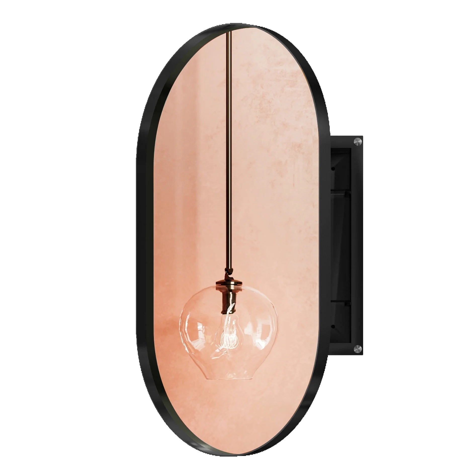 20x34 Inch Oval Recessed Bathroom Storage Cabinet, Matte Black Metal Frame, Mirror With Adjustable Shelves, Space Efficient Recessed, Versatile Functionality