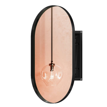20x34 Inch Oval Recessed Bathroom Storage Cabinet, Matte Black Metal Frame, Mirror With Adjustable Shelves, Space Efficient Recessed, Versatile Functionality