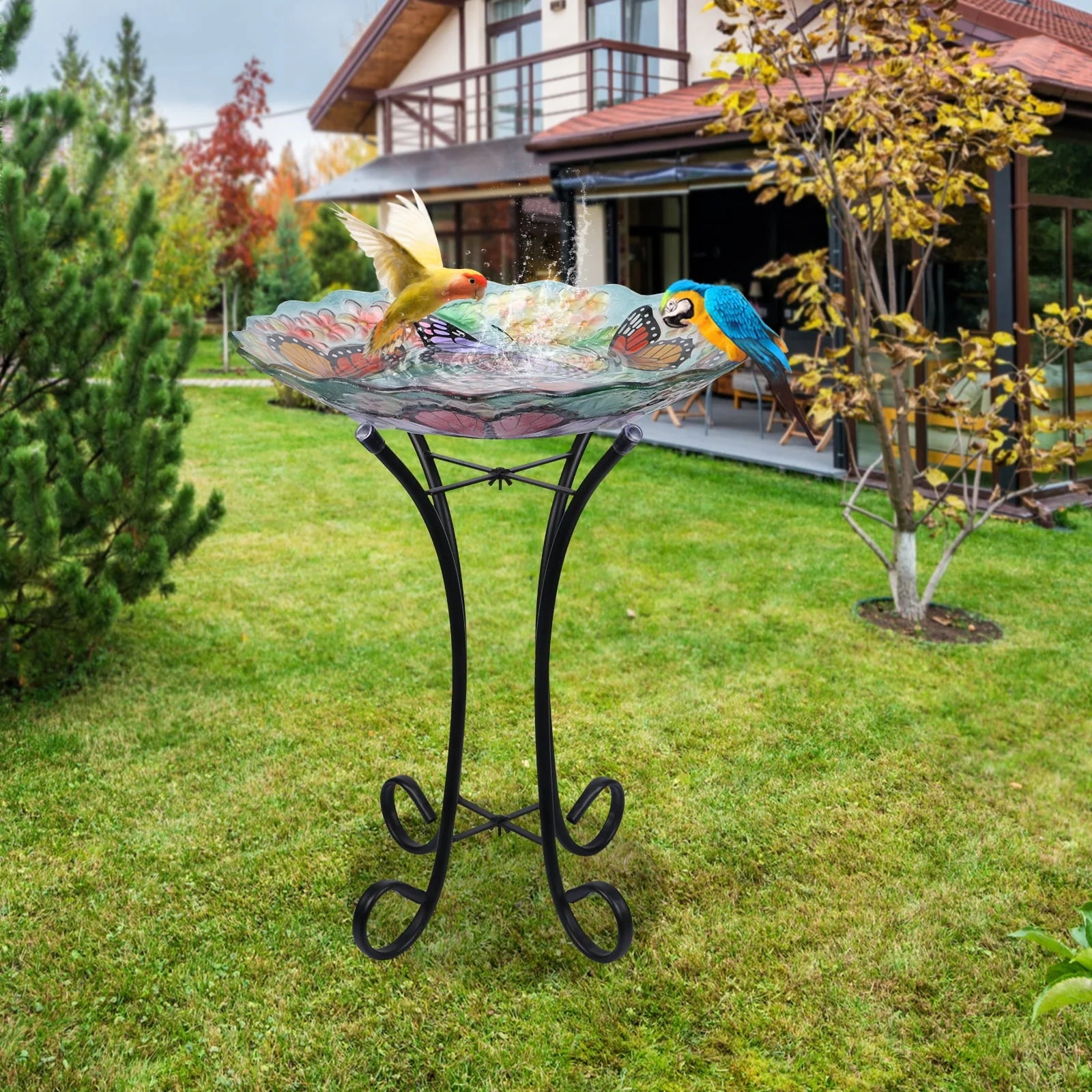 Glass Birdbath with Metal Stand Outdoor for Lawn Yard Garden Butterfly Decor, 18�?Dia 21.65�?Height