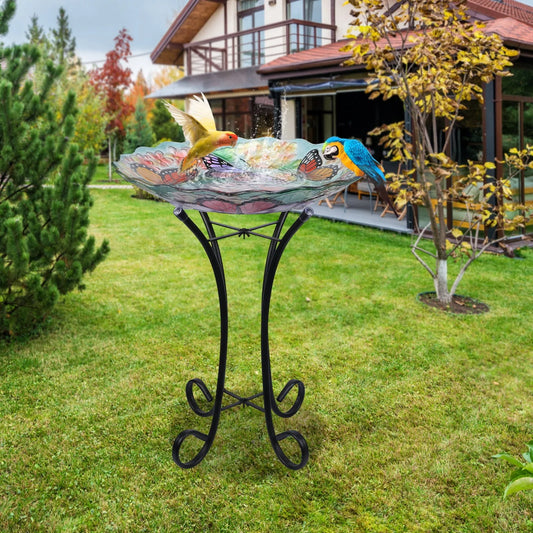 Glass Birdbath with Metal Stand Outdoor for Lawn Yard Garden Butterfly Decor, 18�?Dia 21.65�?Height
