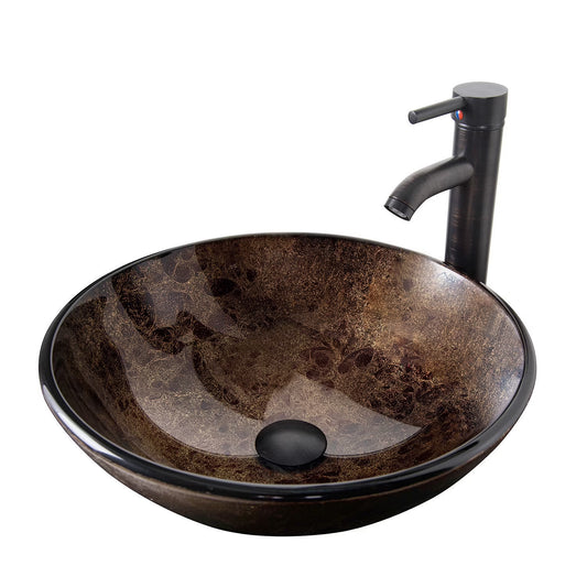 PULUOMIS Vessel Sink and Faucet Combo Bath Sinks with Mounting Ring and Pop Up Drain Round Bowl Basin Brown