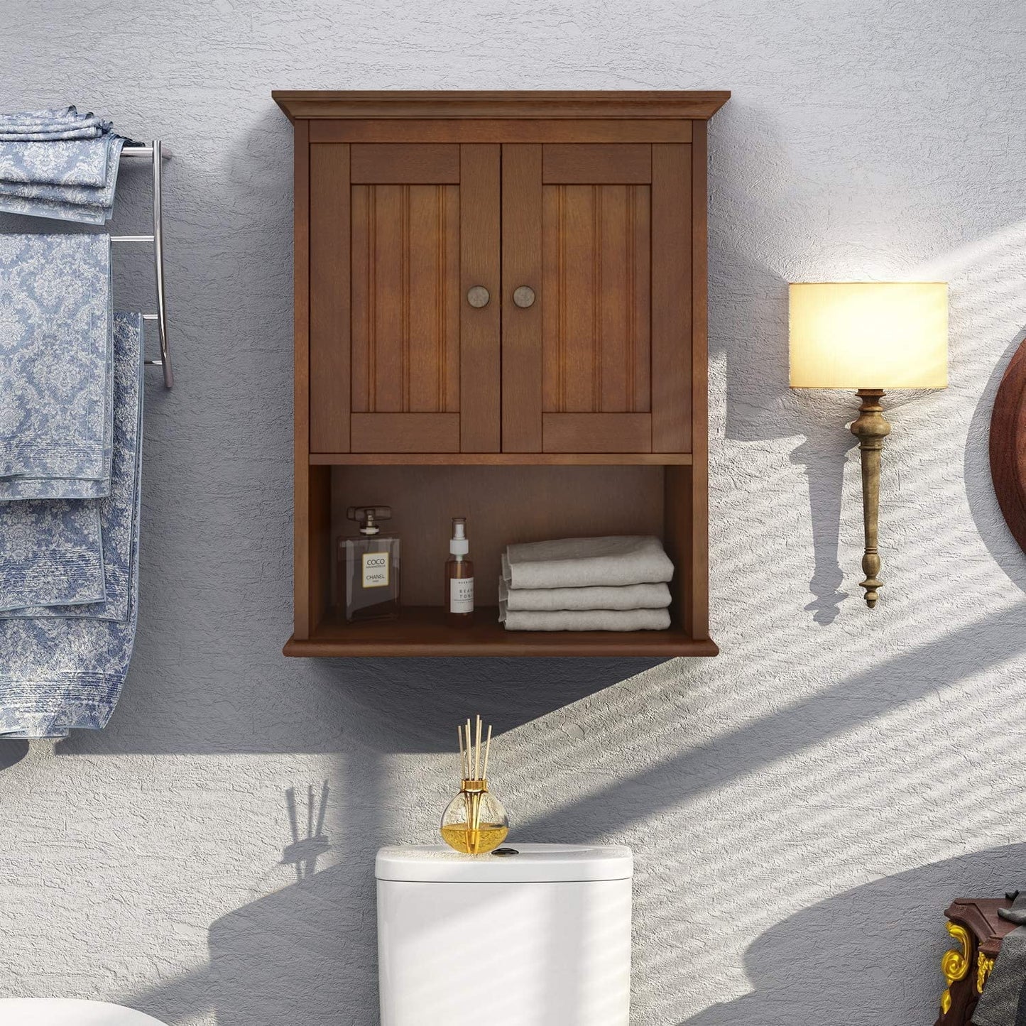 Wood Wall Cabinet, Bathroom Medicine Cabinet Storage with Doors and Adjustable Shelf, Rustic Cabinet Wall Mounted for Bathroom, Living Room, Kitchen, Yellow